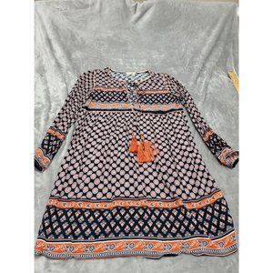 Holly Bracken tie neck, boho, shift dress,‎ geometric floral print, l/s, Large